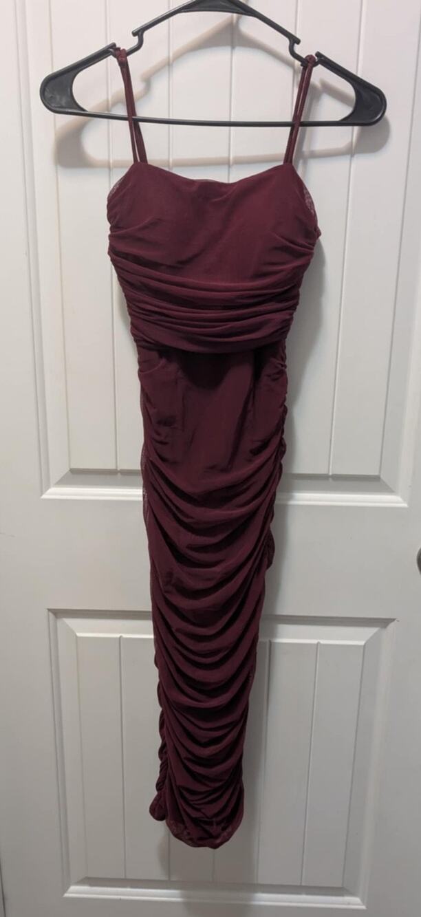 Romantic Ruched Knit Maxi Maroon Dress Formal Spring Summer Wedding Size XS